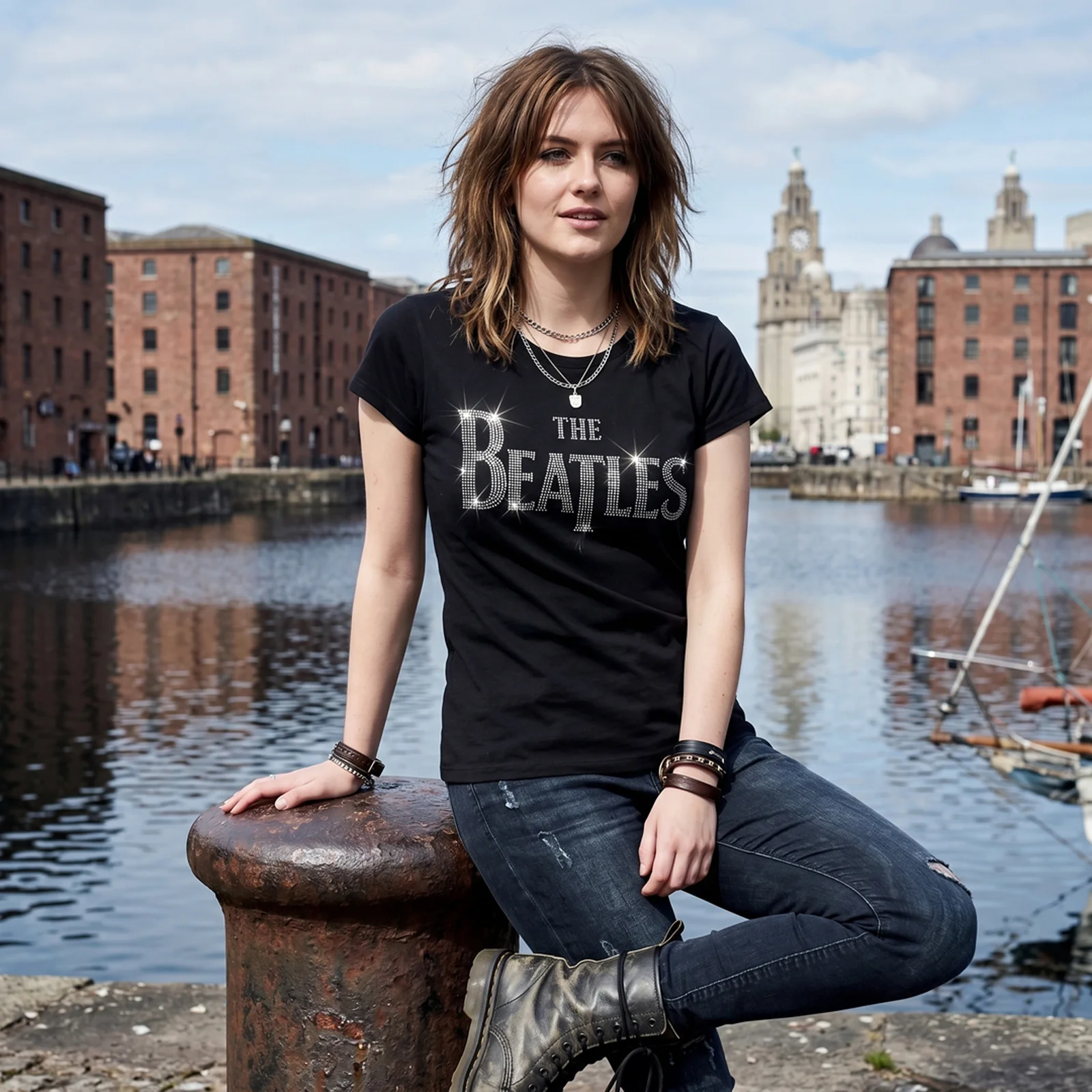 THE BEATLES - DROP T CRYSTALS - Ladies T-Shirt Black (Embellished) - Image 2
