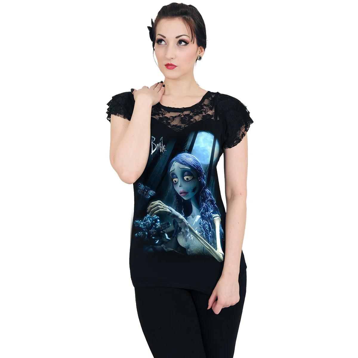 CORPSE BRIDE - GLOW IN THE DARK - Lace Layered Cap Sleeve Top Black - Image 2