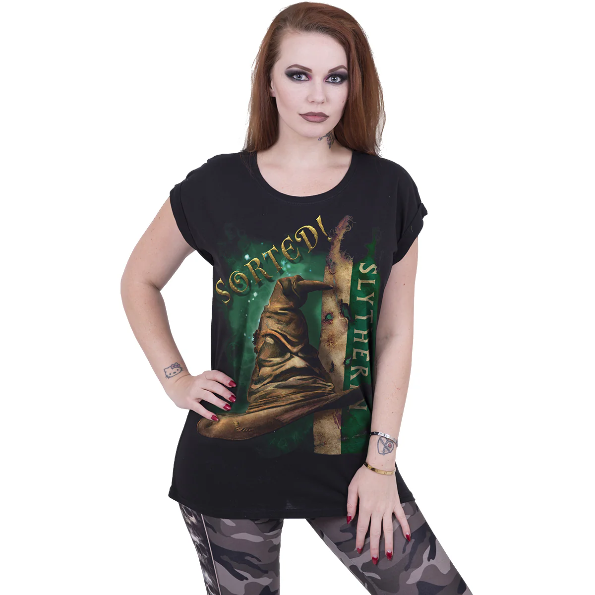 HARRY POTTER - SLYTHERIN HAT - Boatneck Cap Sleeve Top Black - Image 2