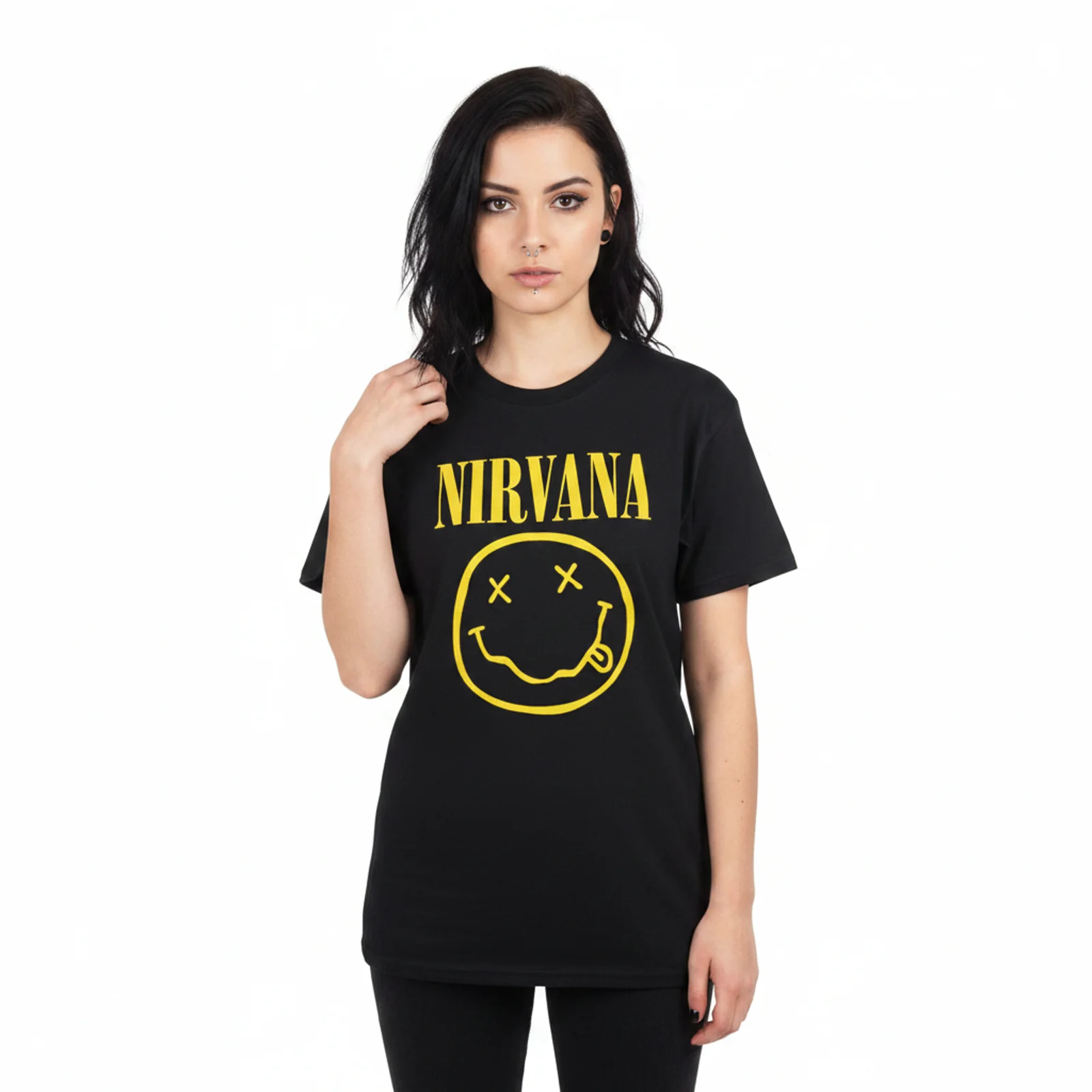 NIRVANA - YELLOW HAPPY FACE - Ladies T-Shirt Black - Image 2