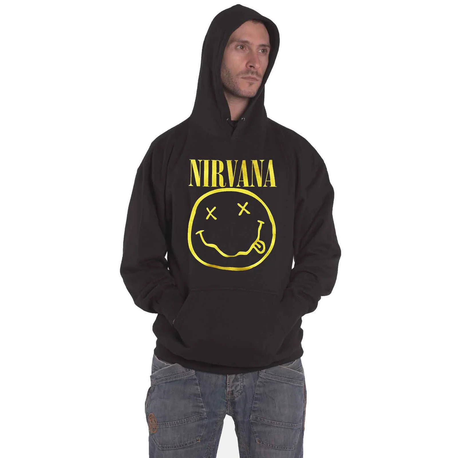 NIRVANA - YELLOW HAPPY FACE - Pullover Hoodie Black - Image 2