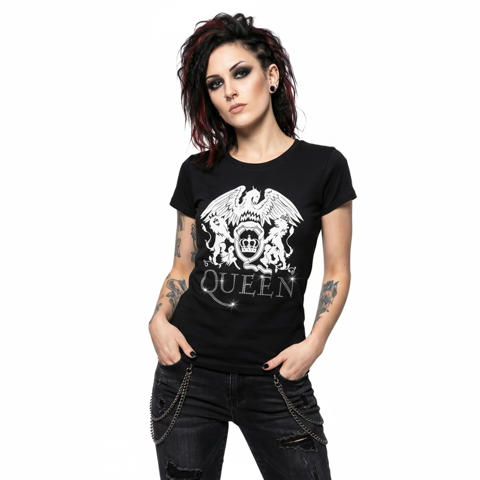 QUEEN - LOGO - Ladies T-Shirt Black (Embellished) - Image 2