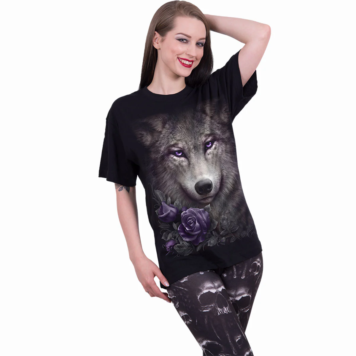 WOLF ROSES - Front Print T-Shirt Black - Image 2